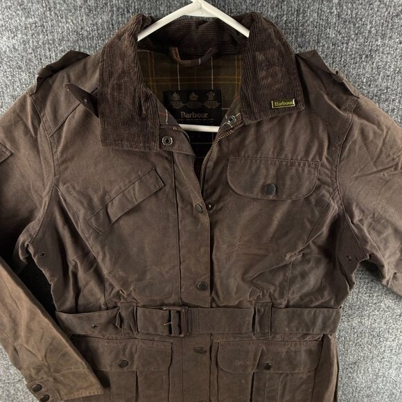 Barbour Waxed Jacket Women Full Zip Size 8 US Brown Belted E218 Emilia Short - Picture 1 of 16